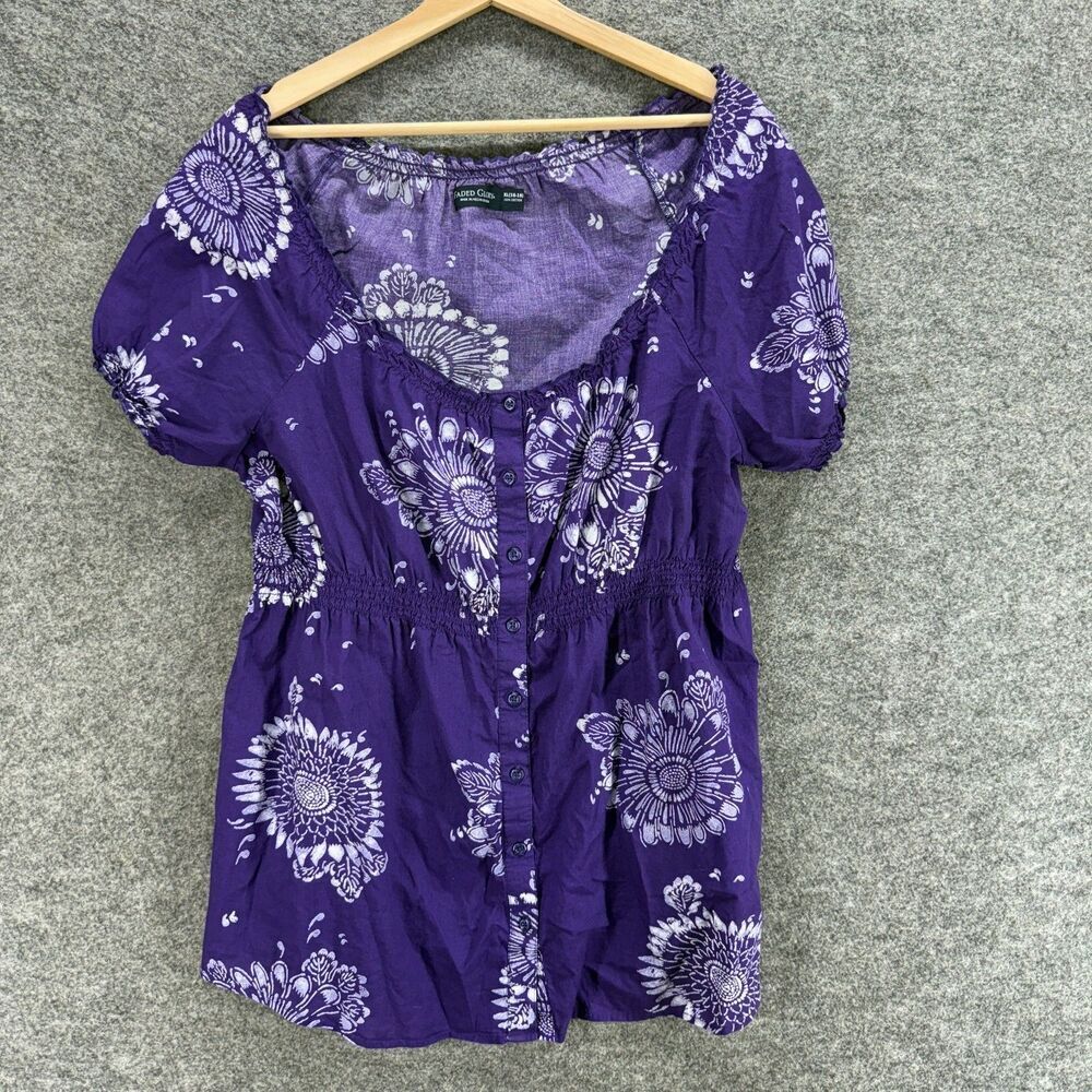 Faded Glory Top Women XL Blue Geometric Button Up Short Sleeve Round Neck Cotton